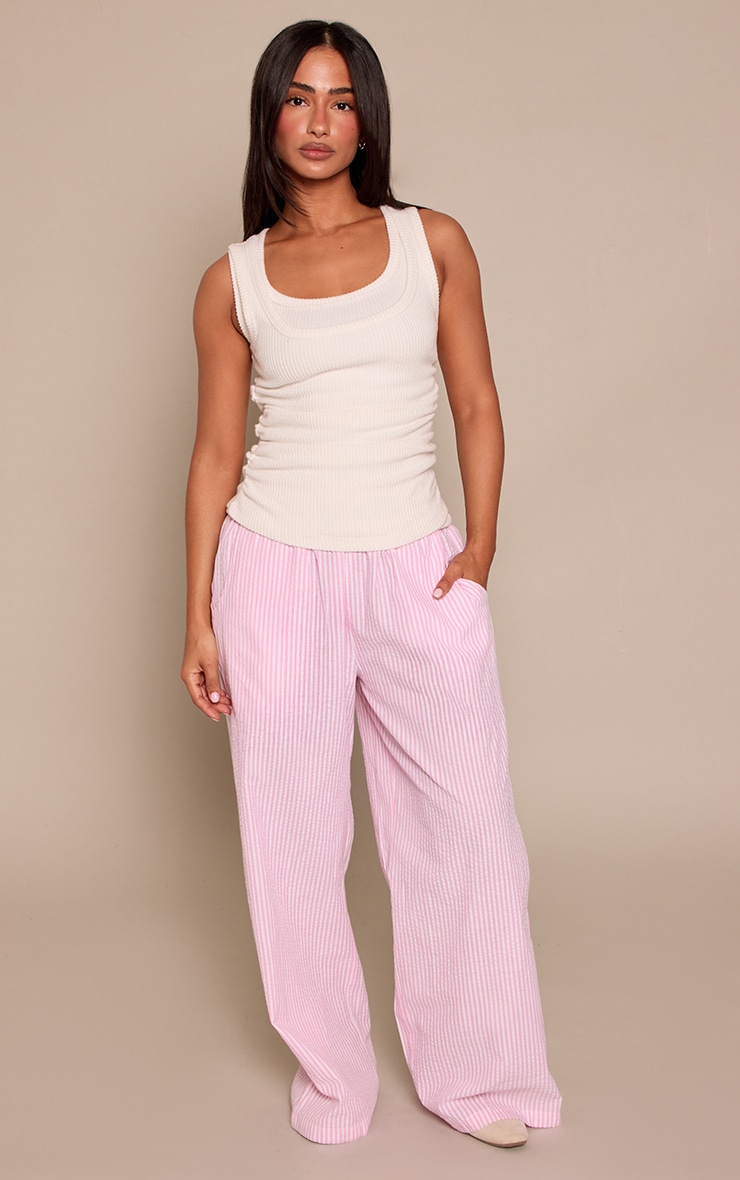 Petite Pink Stripe Linen Look Elasticated Waist Trousers