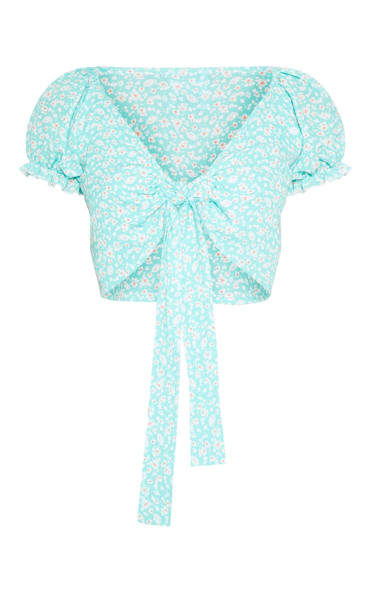 Green Ditsy Floral Puff Sleeve Tie Front Crop Top image 3