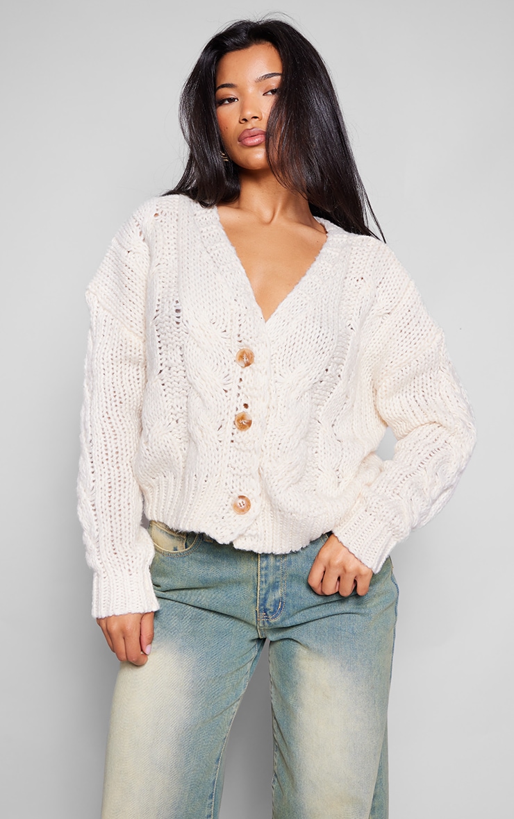 Cream And Taupe Space Dye Chunky Knit Cardigan image 1