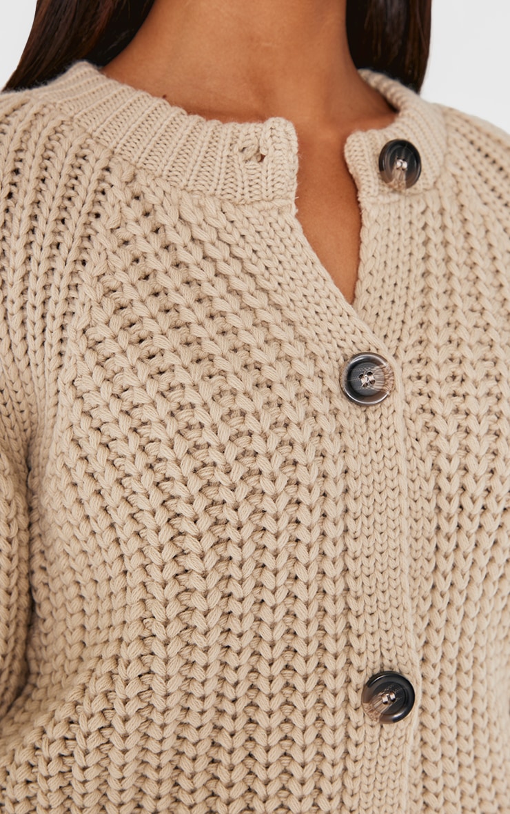 Beige Chunky Cable Knit Button Up Cardigan image 4