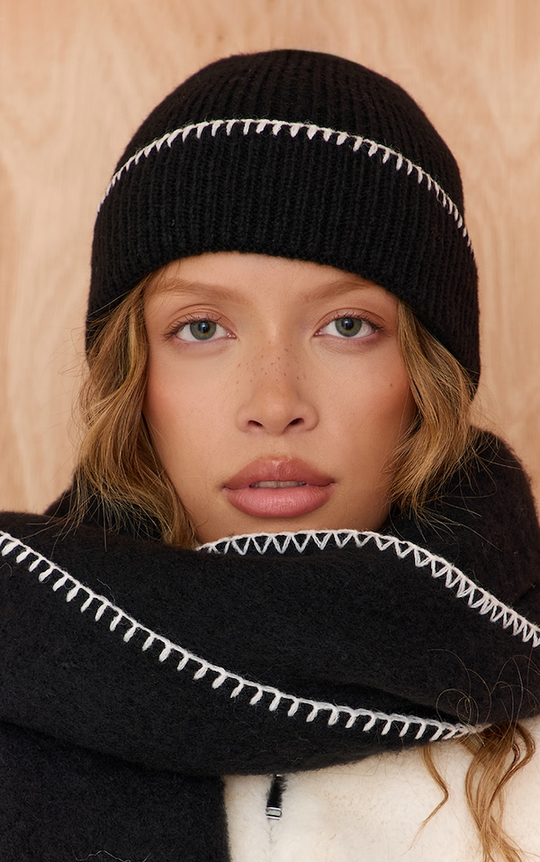 Black Stitch Detail Rib Beanie