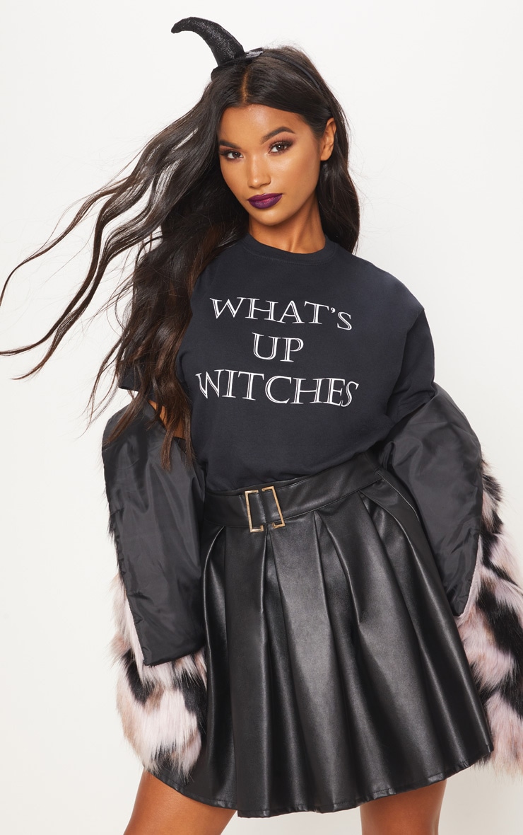 Black Whats Up Witches Printed Oversized T shirt
