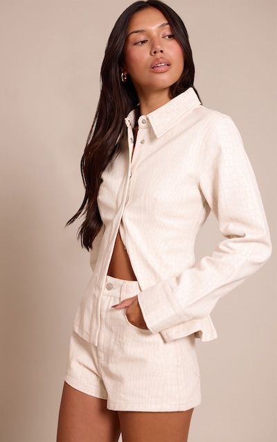 Cream Snake Print Coated Denim Hot Pants