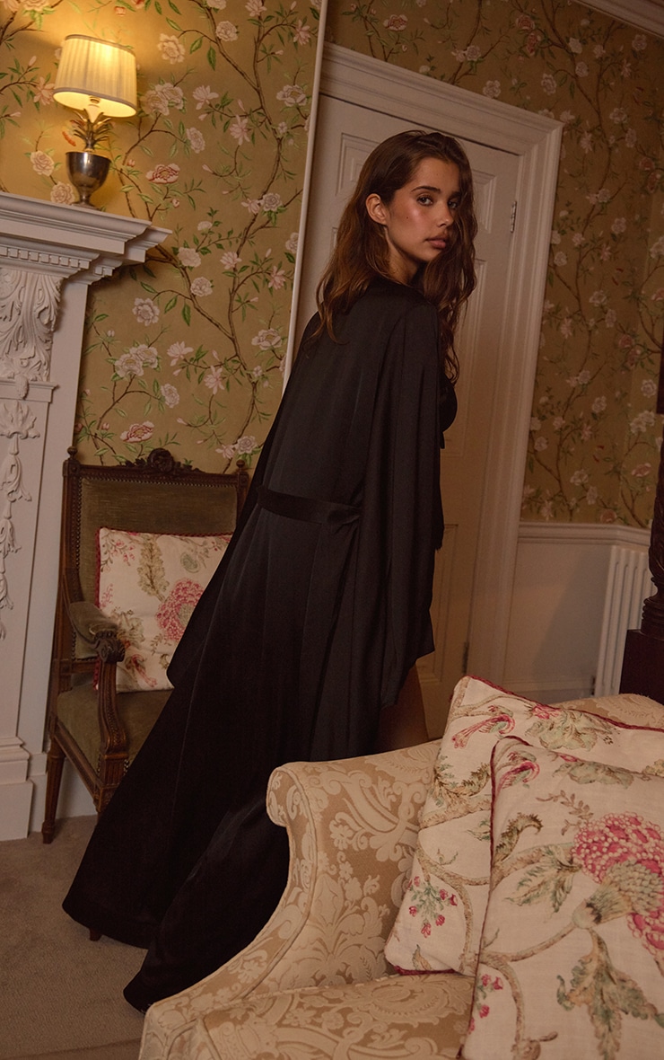 Black Premium Satin Flare Sleeve Maxi Robe image 6
