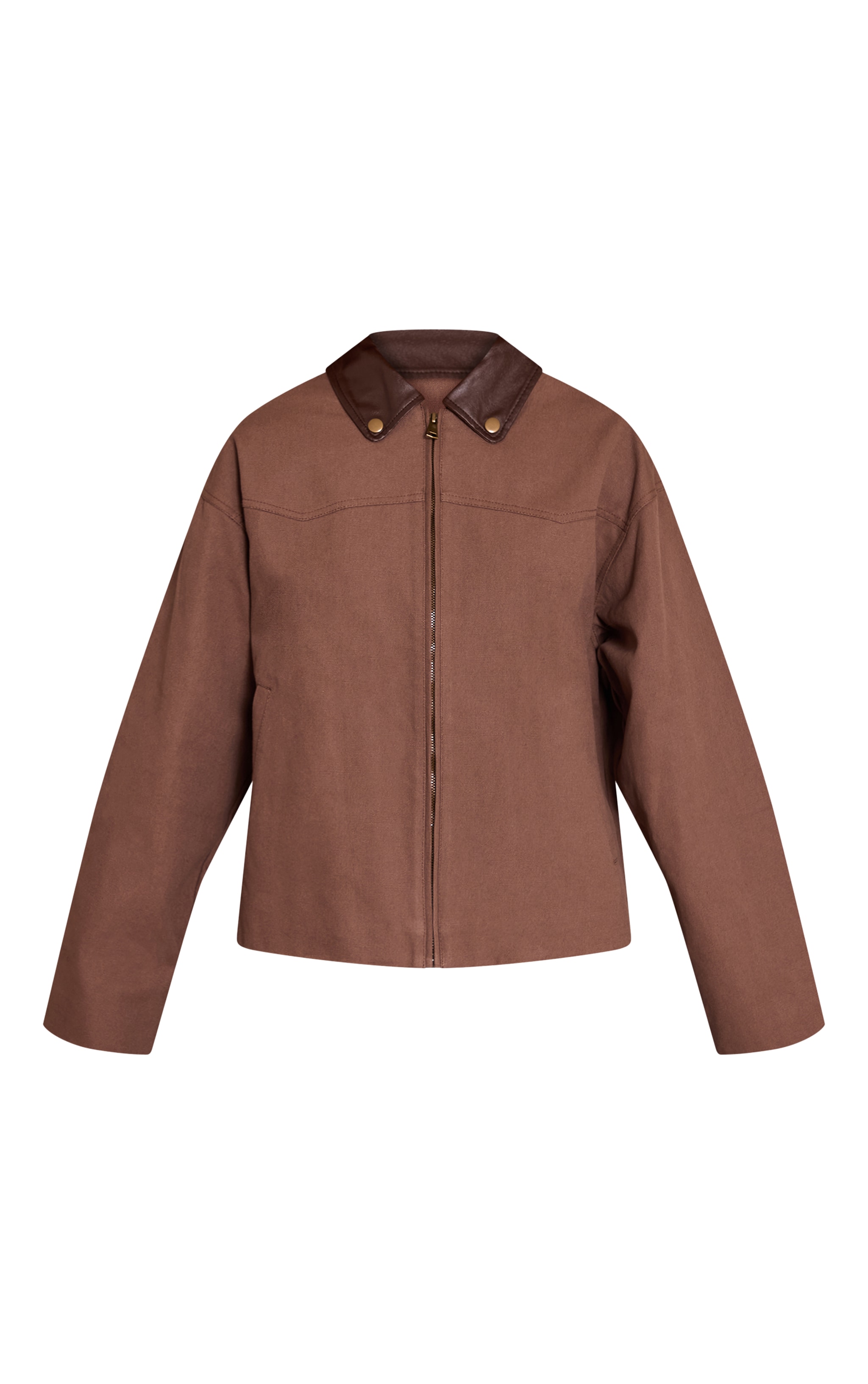 Chocolate PU Collar Twill Oversized Trucker Jacket image 5