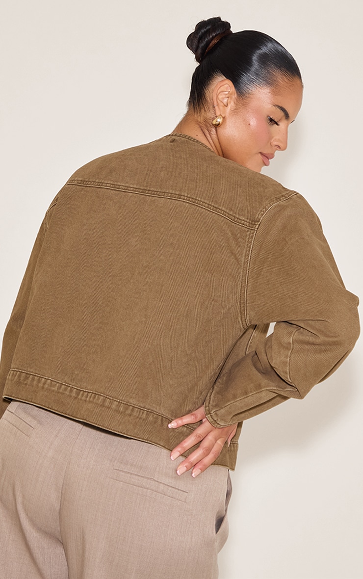 Plus Brown Collarless Detail Denim Jacket image 2