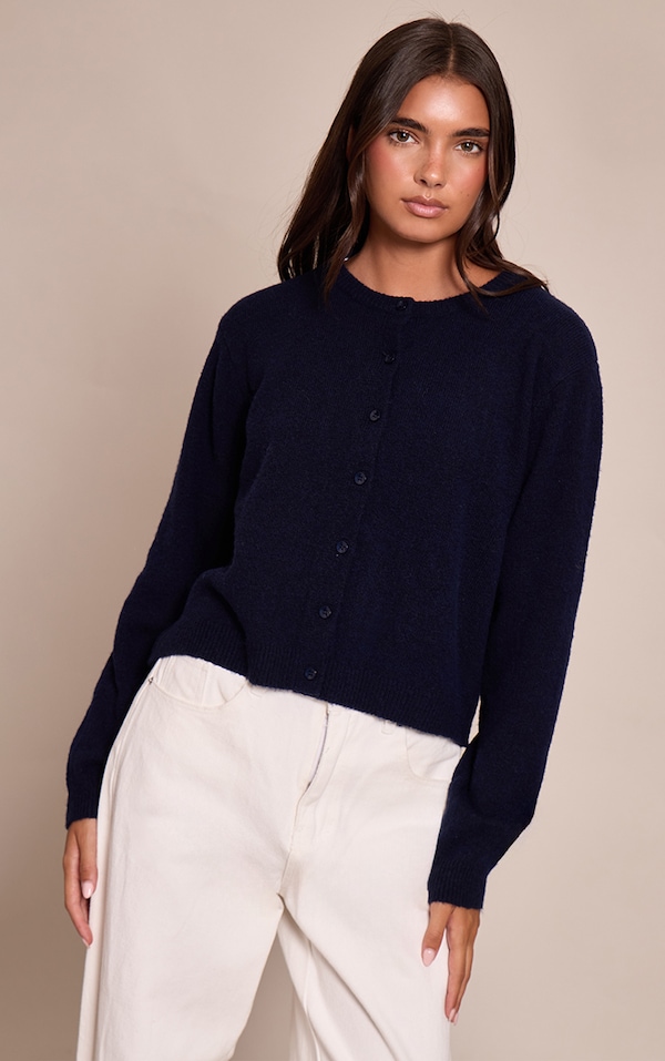 Cardigan en maille tricot bleu marine à col rond
