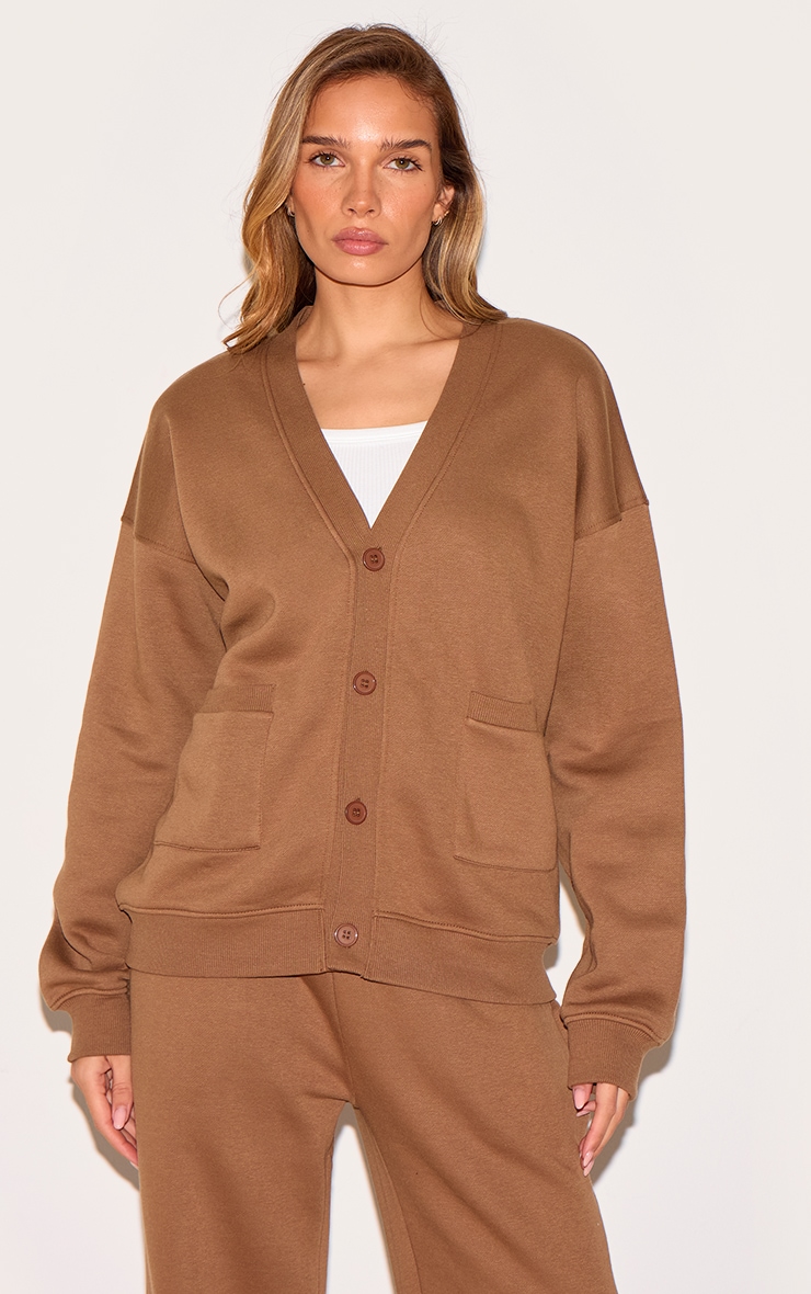 Taupe Button Front Pocket Sweat Cardigan image 1
