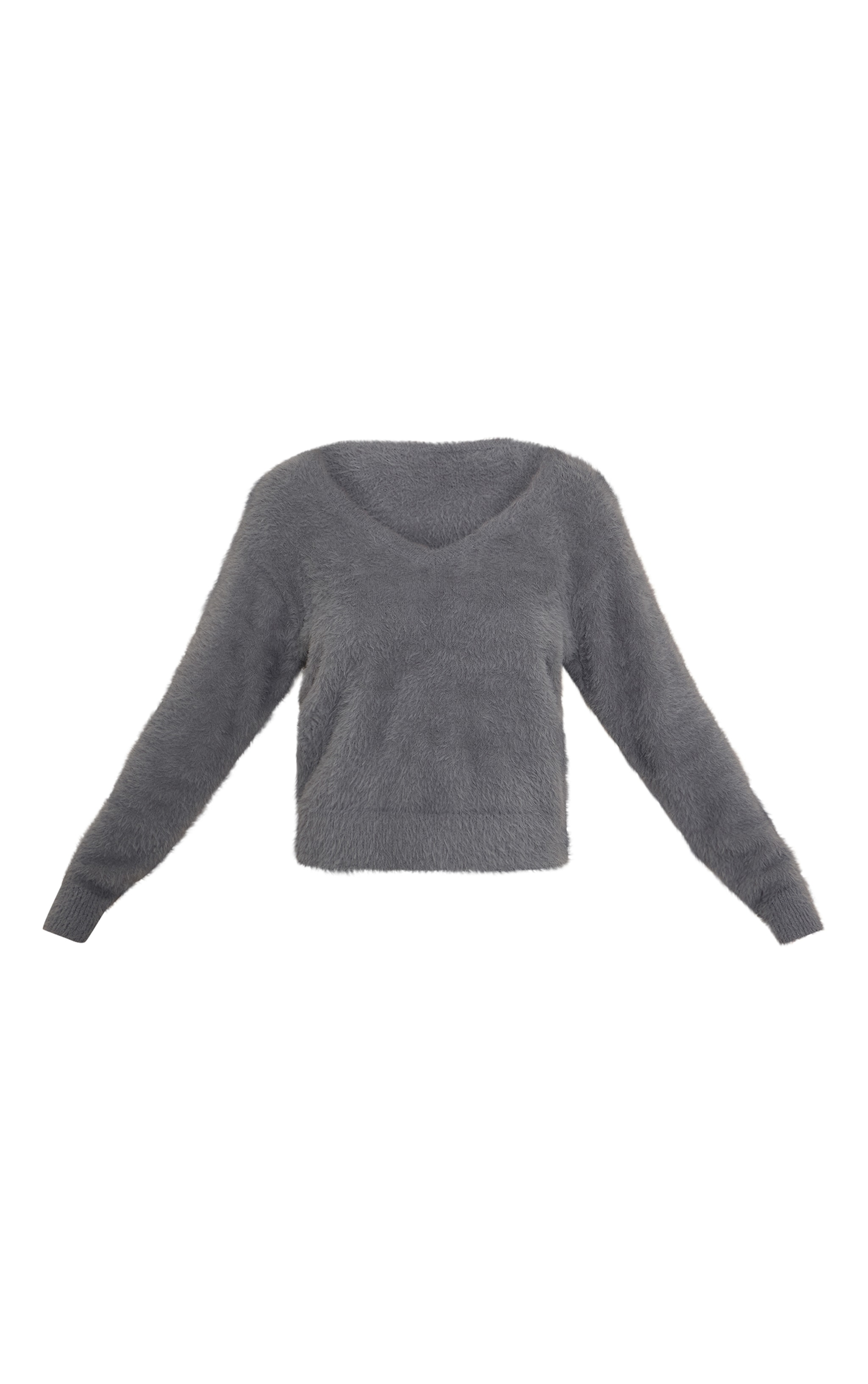 Pull oversize en maille tricot duveteuse grise à col en V image 5