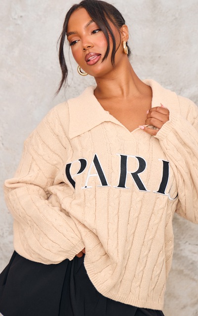 Plus Stone Cable Knit Embroidered Oversized Jumper