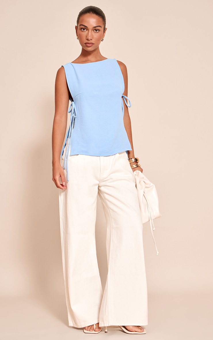 Pale Blue Woven Tie Side Detail Long Top image 3