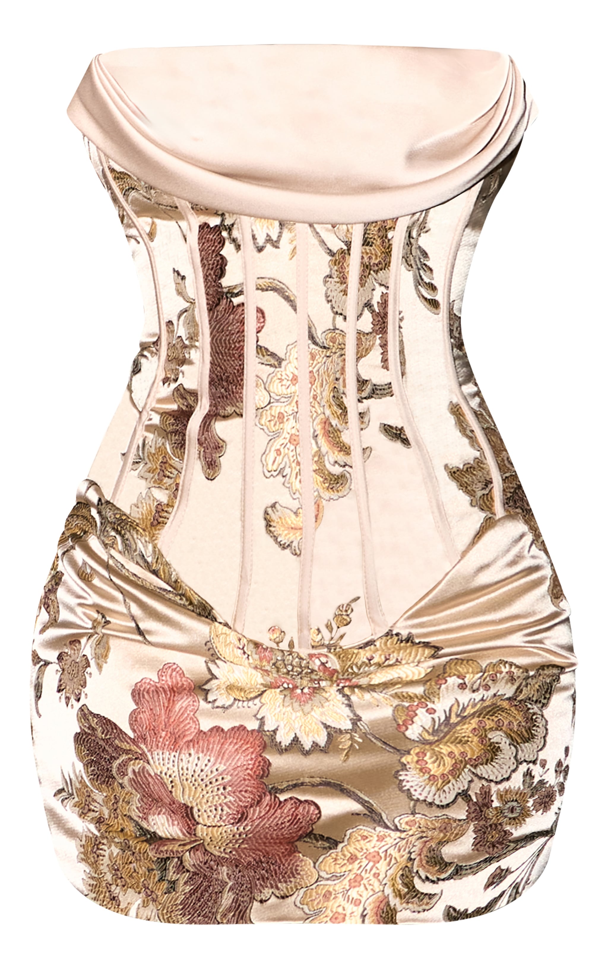 Robe corset moulante en jacquard multicolore à partie satinée drapée et fleurs brodées image 7