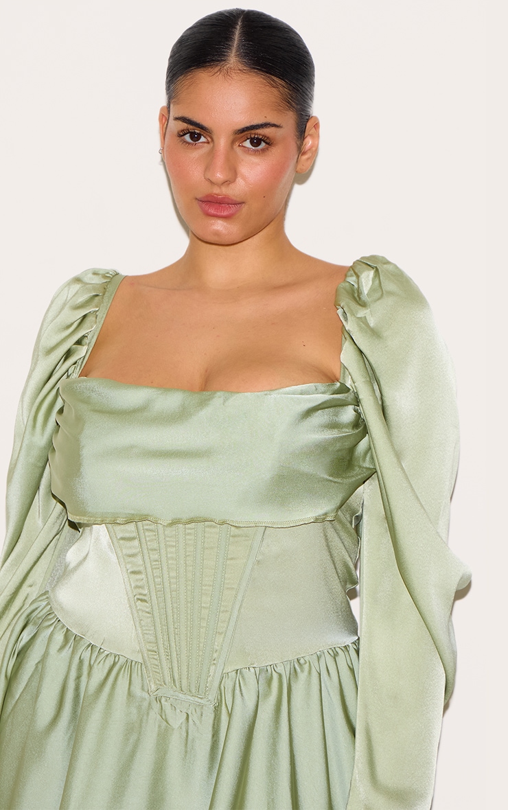 Plus Sage Green Satin Corset Detail Puffball Shift Dress image 4