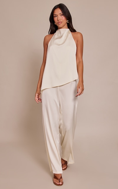 Cream Satin Draped Halterneck Wide Leg Jumpsuit