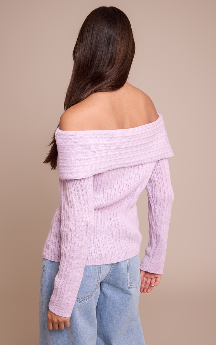 Top en maille tricot lilas à épaules dénudées et manches longues image 2
