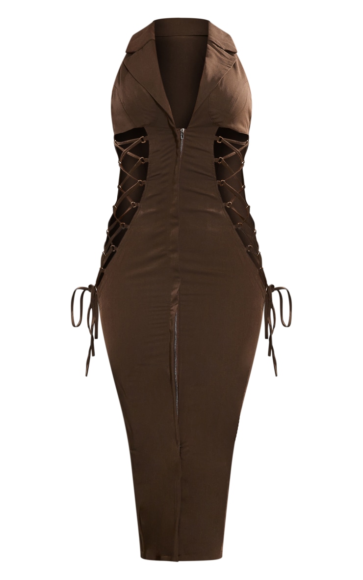 Chocolate Sleeveless Lace Up Blazer Style Midi Dress image 5