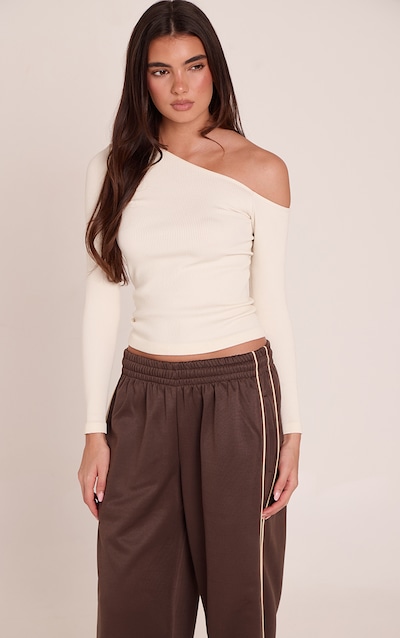 Cream Contour Rib Asymmetric Long Sleeve Top