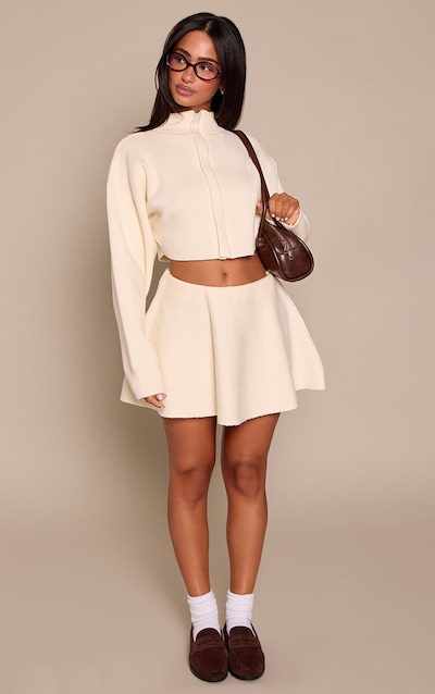Petite Cream Ribbed Knit Flowy Mini Skirt