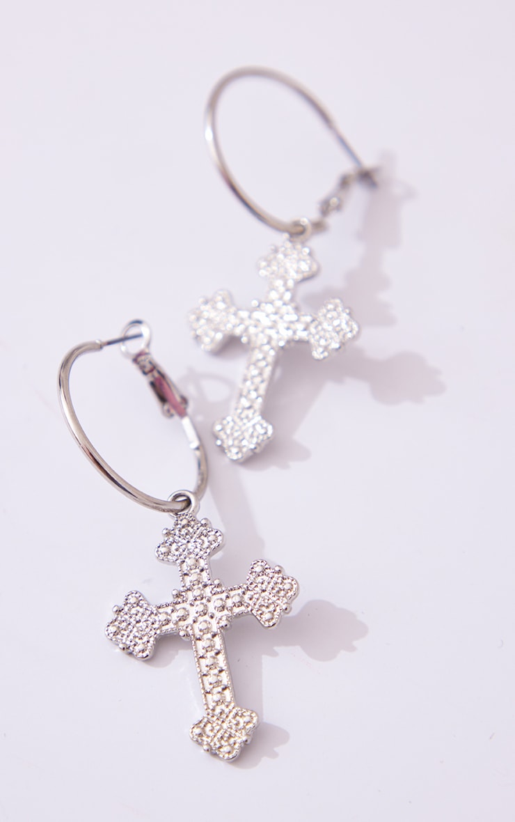 Silver Cross Hoop Earrings | Accessories | PrettyLittleThing USA