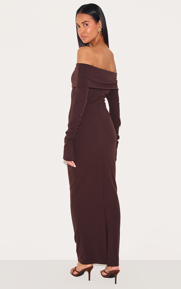 Chocolate Crepe Long Sleeve Bardot Maxi Dress image 2