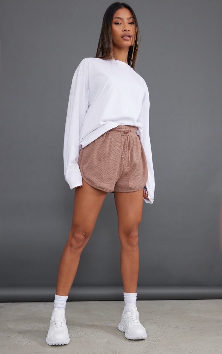Taupe Waffle Rib Toggle Waist Runner Shorts