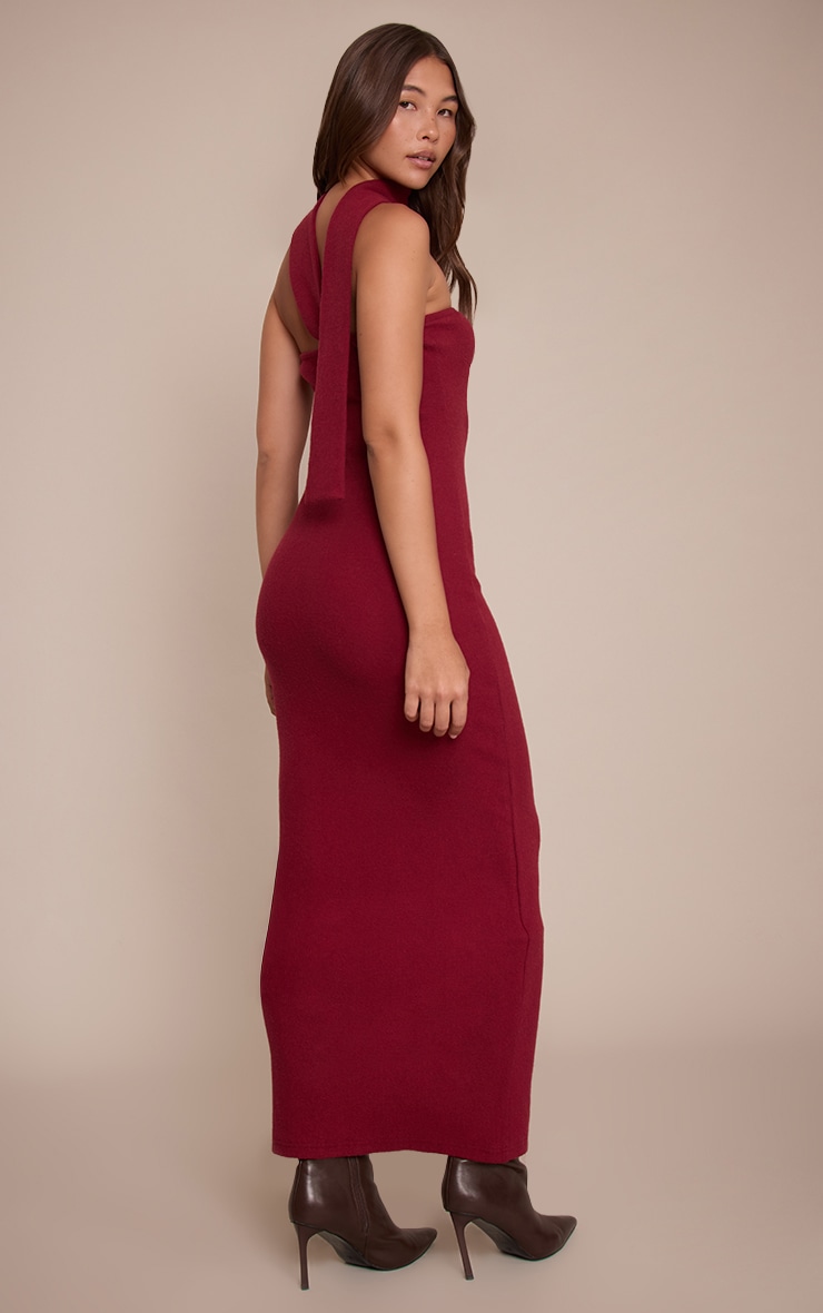Wine Brushed Rib Scarf Detail Bandeau Maxi Dress image 2