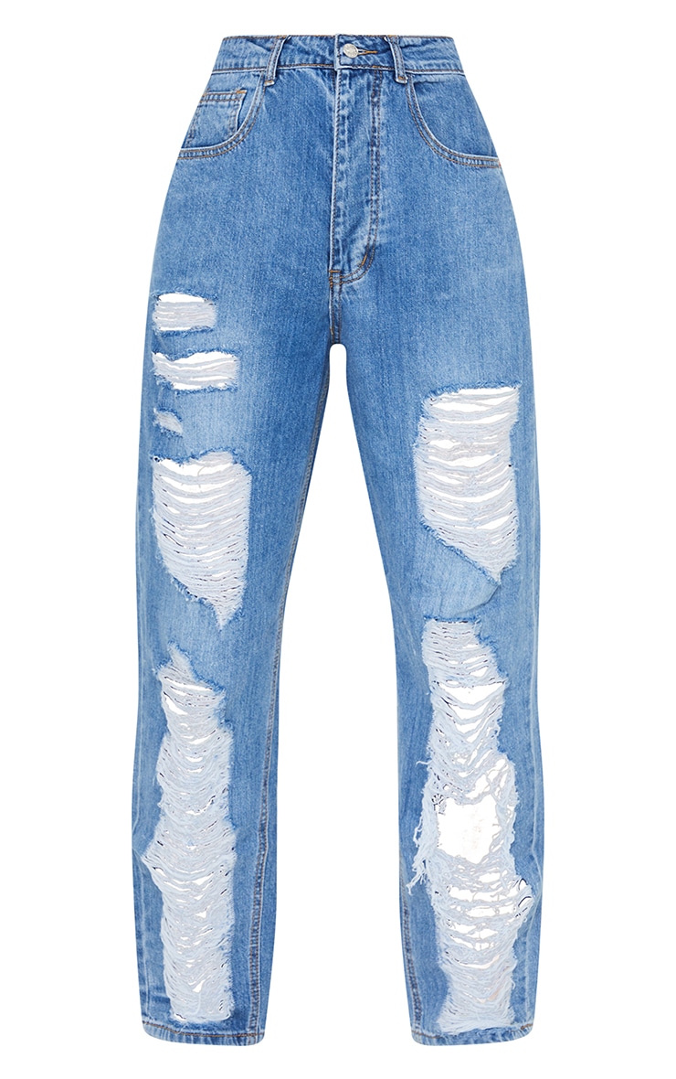 PRETTYLITTLETHING Mid Blue Ripped Boyfriend Jeans image 5