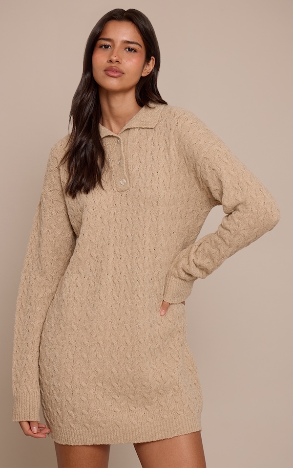 Tall Oat Boucle Cable Knit Mini Shirt Dress 