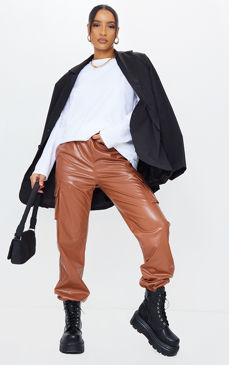 Tan Faux Leather Cargo Pants
