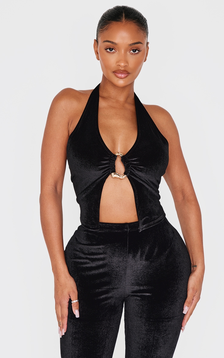 Shape Black Velour Halter Neck Split Front Top image 1