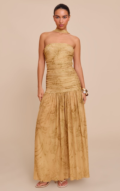 Robe longue gris pierre imprimé cachemire froncée à détail foulard et taille tombante