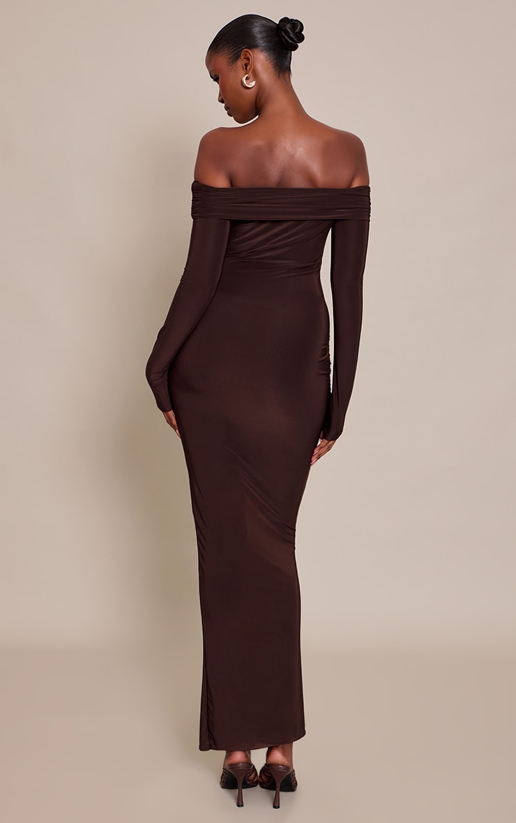 Chocolate Slinky Off The Shoulder Wrap Maxi Dress image 2