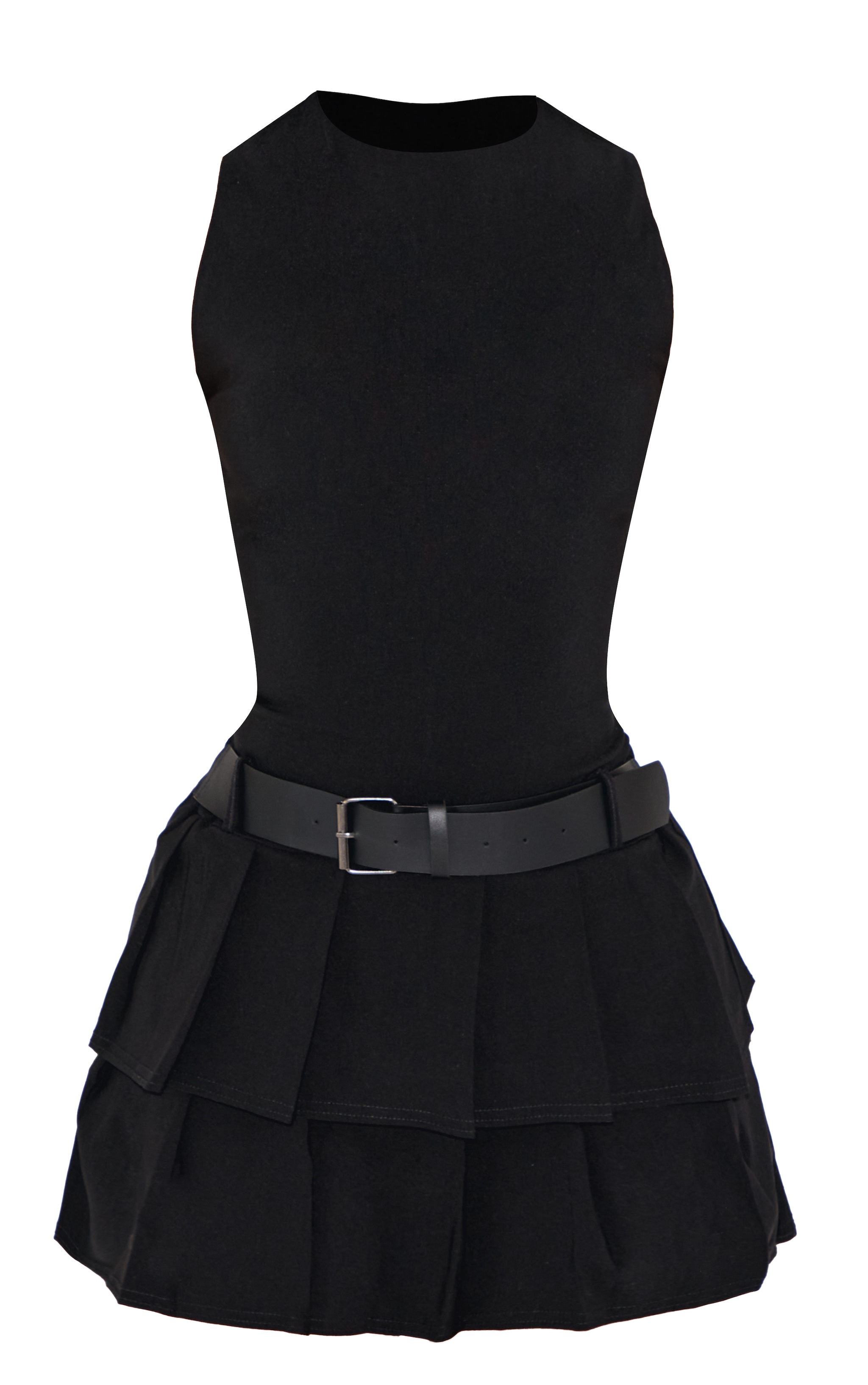 Petite Black Belt Detail Pleated Mini Dress image 5