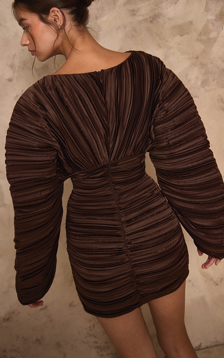 PLT Label Dark Chocolate Plisse Satin Batwing Long Sleeve Bodycon Dress image 2