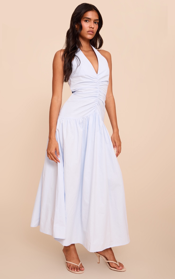 Blue Woven Ruched Detail Maxi Dress image 3