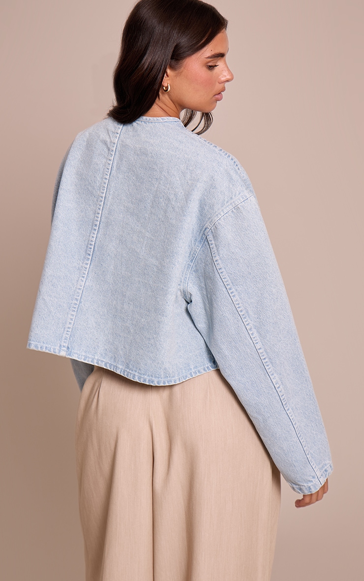Light Blue Curved Hem Cropped Denim Jacket image 2