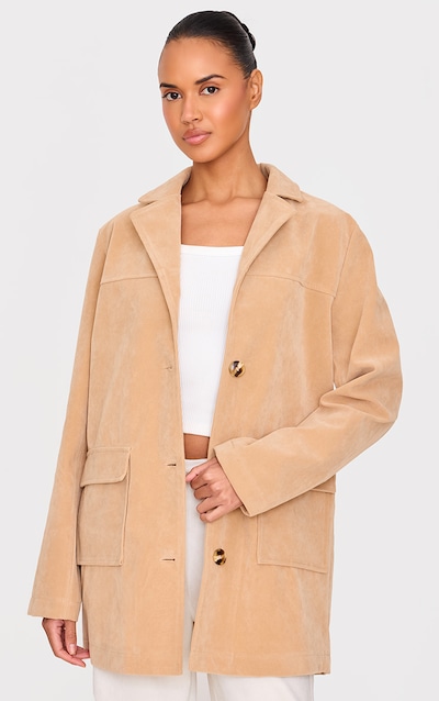 Manteau style blazer long oversize en suédine beige