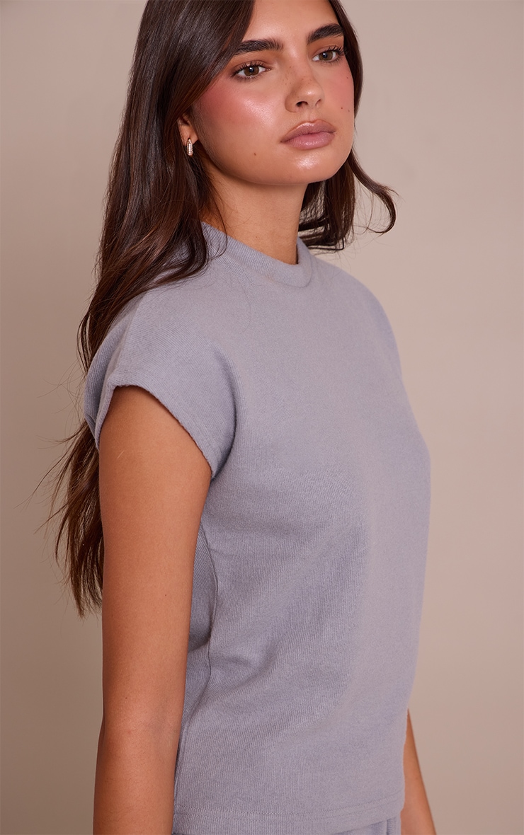 Charcoal Grey Rib Knit Short Sleeve Top image 4