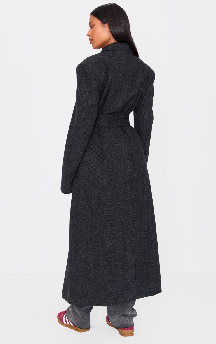 Tall Black Herringbone Self Tie Maxi Coat image 2
