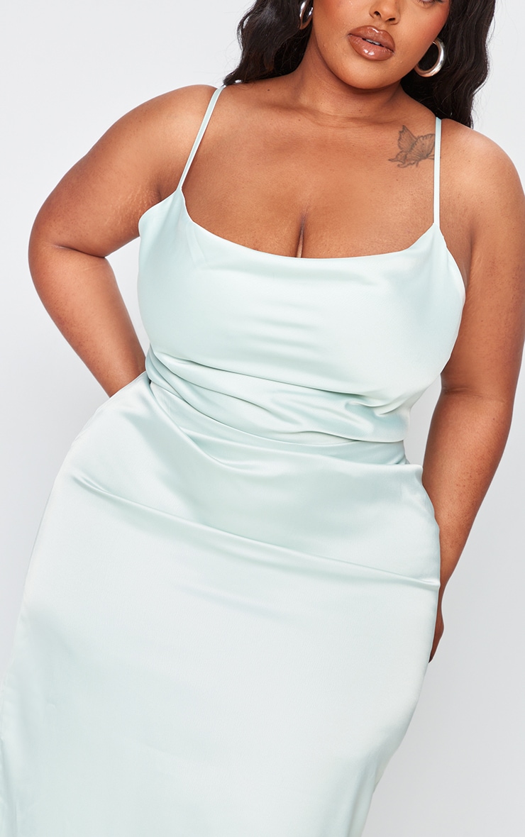 Plus Sage Green Satin Cowl Neck Midi Dress image 4