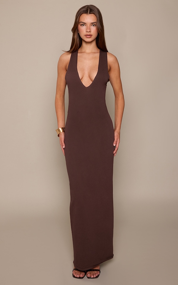 Chocolate Fine Knit Crossover Detail Maxi Dress