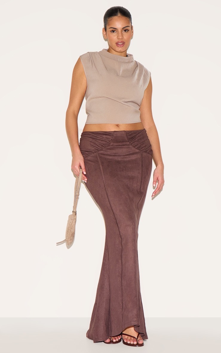 Plus Chocolate Faux Suede Ruching Waist Detail Maxi Skirt image 2