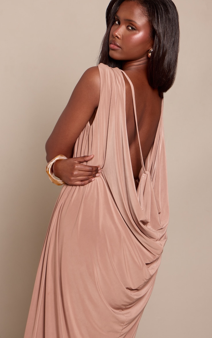Taupe Slinky Open Back Strappy Maxi Dress image 4