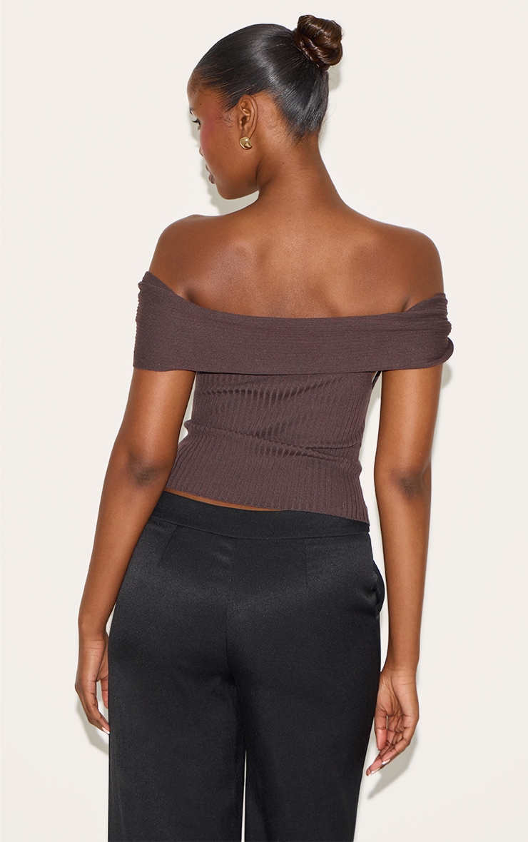 Chocolate Rib Knit Twist Bardot Button Through Top image 2