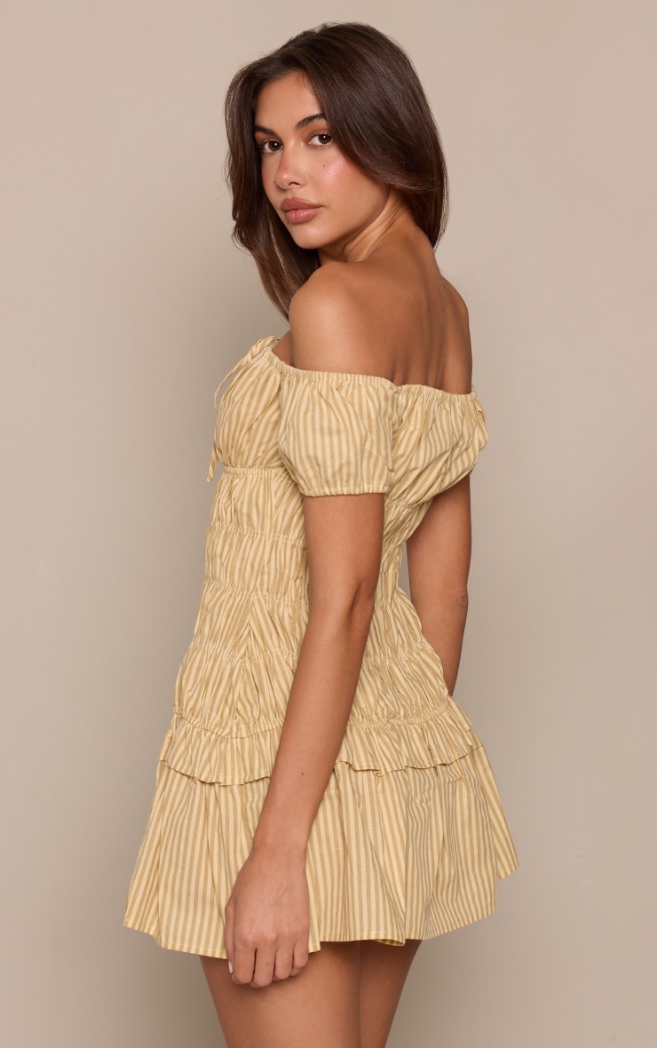 Mustard Pinstripe Bardot Ruched Shift Dress image 2