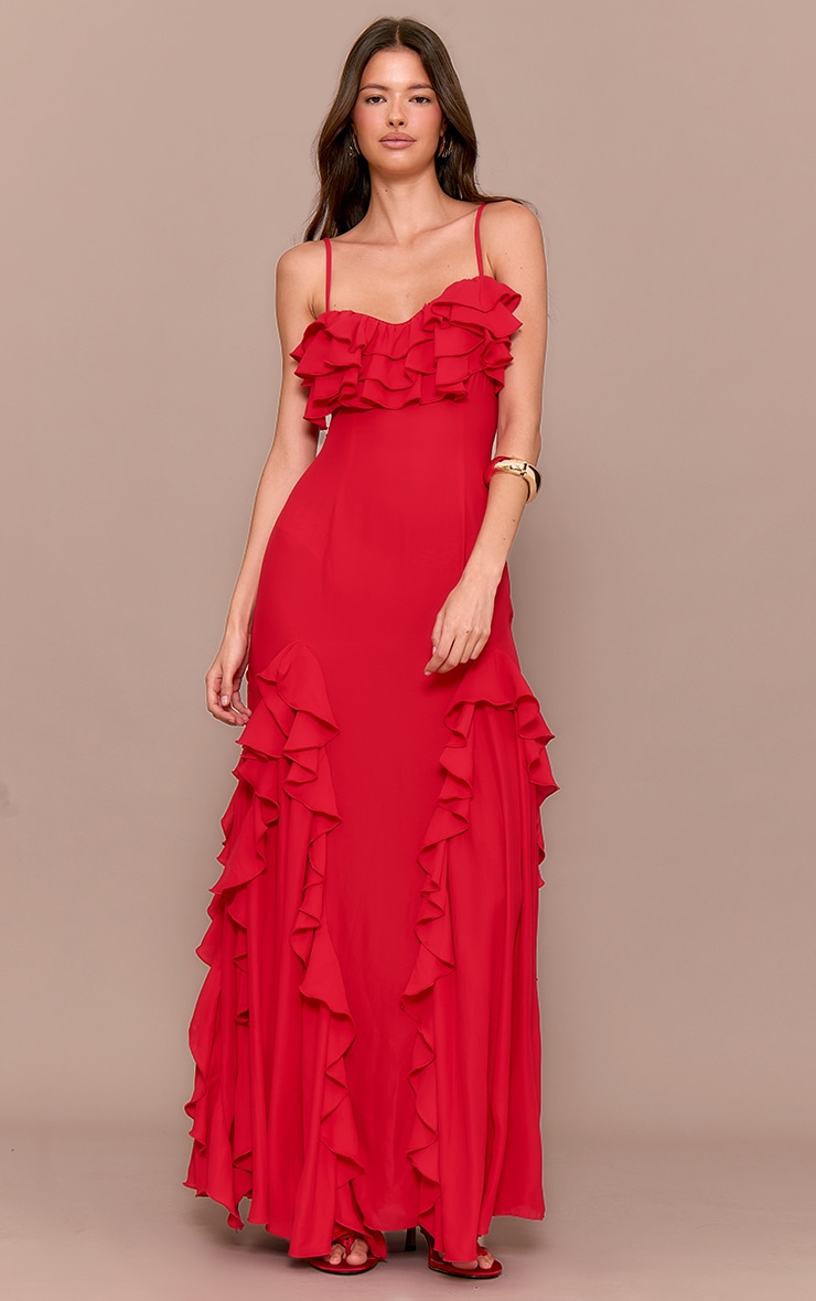 Red Frill Cup Detail Maxi Dress image 3