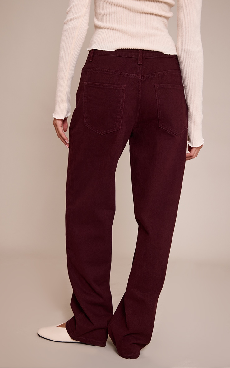 PRETTYLITTLETHING Burgundy Mid Rise Boyfriend Jeans image 3