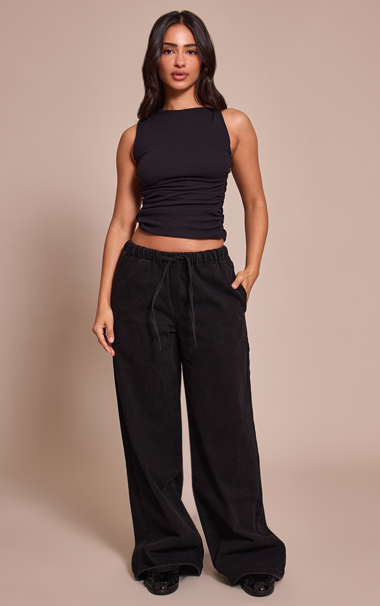 Petite Black Denim Elasticated Tie Waist Wide Leg Jeans