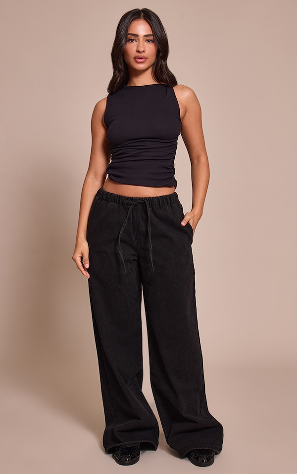 Petite Black Denim Elasticated Tie Waist Wide Leg Jeans