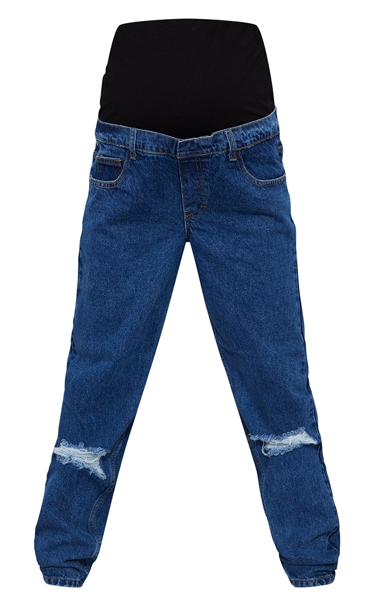 Maternity Blue Mid Wash Ripped Knee Mom Jeans image 5